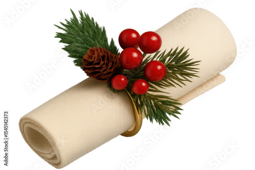 Festive holiday napkin ring featuring pine cone, red berries, natural pine branches, enhancing rustic christmas table decor against transparent backdrop