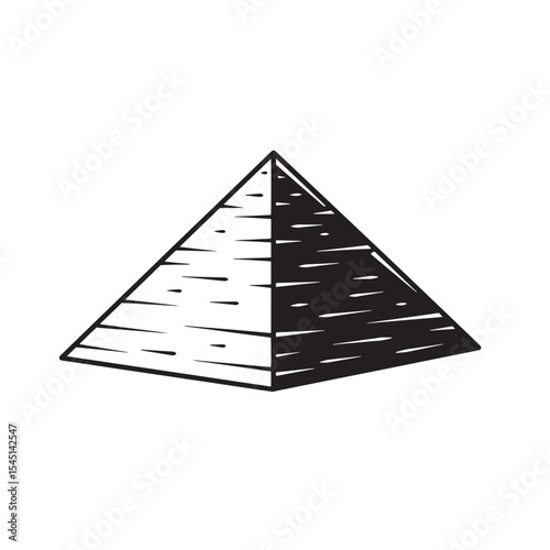 Black and white vintage art silhouette illustration of a pyramid isolated on white background