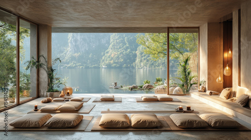 Minimalist meditation space with floor cushions and large windows overlooking a serene lake and mountains, promoting peace, mindfulness, and natural harmony.
