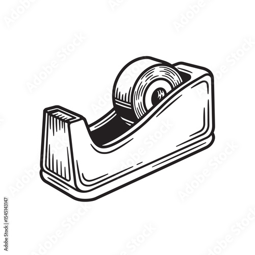 Classic black and white vintage art silhouette of tape dispenser with clear tape roll