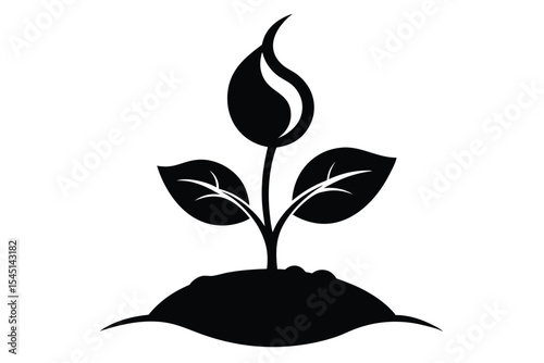 Seedling Sprout Emerging from Soil, Black Silhouette Vector Graphic, Growth Illustration