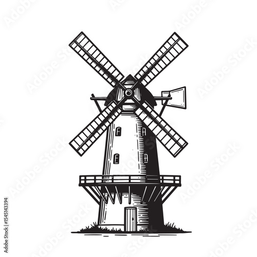 Classic hand drawn vintage art silhouette of a windmill against a white background