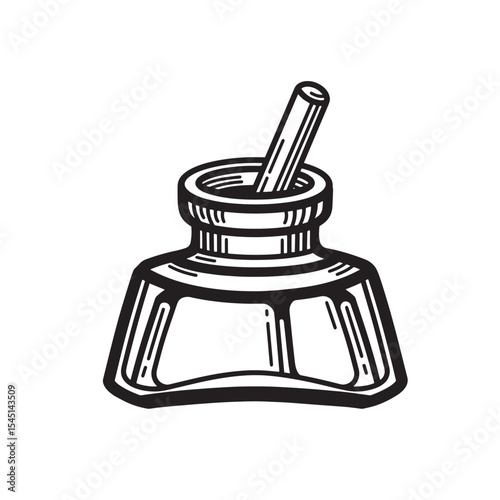 Classic inkwell with pen in vintage art silhouette style black and white illustration