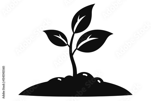 Black Silhouette of a Sprout with Three Leaves Emerging from Soil Mound