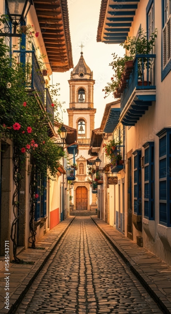 Charming colonial street with bell tower and vibrant flowers at sunset Charming colonial street with bell tower and vibrant flowers at sunset