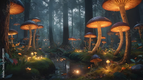 ancient forest at twilight, glowing mushrooms, soft magical fog, fireflies hovering, fantasy style, ambient lighting, ethereal atmosphere, highly detailed