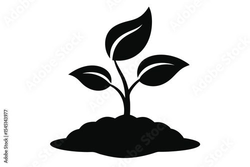Black silhouette of small plant seedling with three leaves emerging from soil