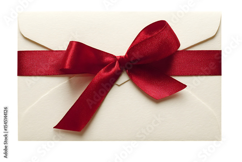 White envelope tied with a red ribbon bow. Perfect for gift cards, invitations, or special announcements.
