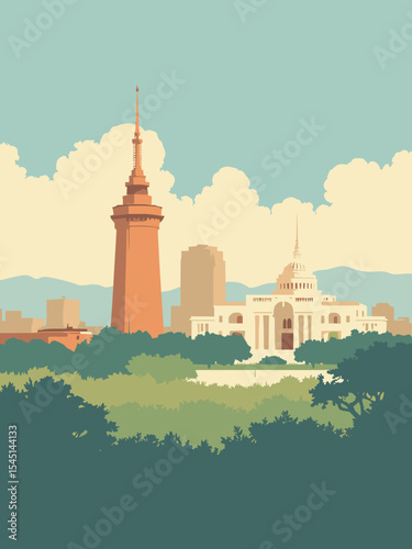 Nairobi, Kenya - Kenyatta International Conference Centre, Nairobi National Museum, Parliament Building in tower orange, museum cream, parliament white, and savanna green