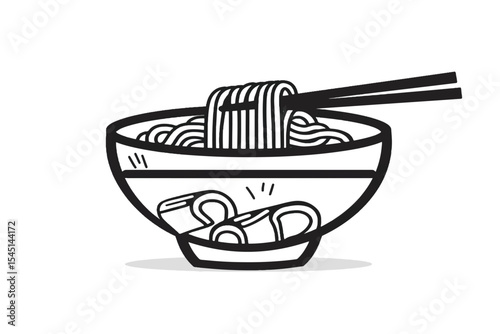 Line art of a steaming bowl of noodles with chopsticks doodle. Noodles in a bowl, steaming hot. Simple line art of noodles and chopsticks. Simple icon vector element doodle.