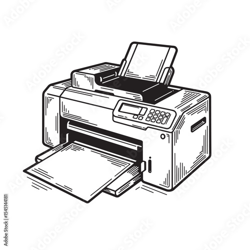 Detailed vintage art silhouette illustration of a modern office printer and scanner