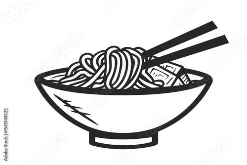 Line art of a steaming bowl of noodles with chopsticks doodle. Noodles in a bowl, steaming hot. Simple line art of noodles and chopsticks. Simple icon vector element doodle.