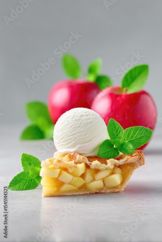 A Slice of Apple Pie with Vanilla Ice Cream and Mint