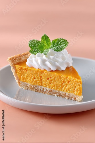 A Slice of Pumpkin Pie with Whipped Cream and Mint
