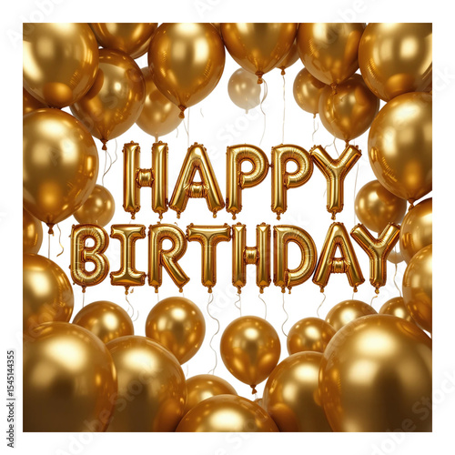 Golden happy birthday text and balloons decoration for party design isolated on transparent background