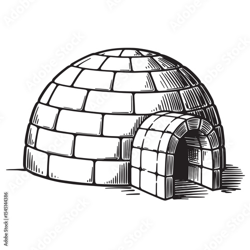 Detailed vintage art silhouette of an igloo depicting architecture in a cold winter environment
