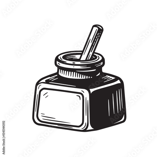 Elegant black and white illustration of a classic ink bottle with quill inside for vintage art
