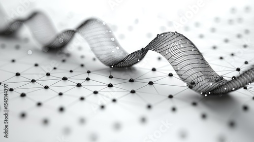 Abstract 3D Grid Mesh with Black Dots and Lines on White Background