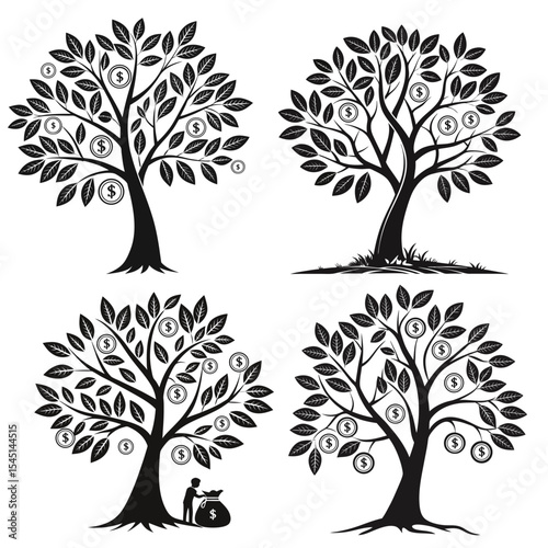 Set of 4 silhouette money trees featuring coins and dollar signs, ideal for finance, investment, or savings-related designs.