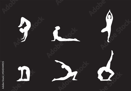 Slim sportive young woman & man doing yoga & fitness exercises. Healthy lifestyle. Exercise and fitness icons. Gym and Workout Set. Person Yoga exercises poses. Lunges, Pushups, Squats, Dumbbell rows,