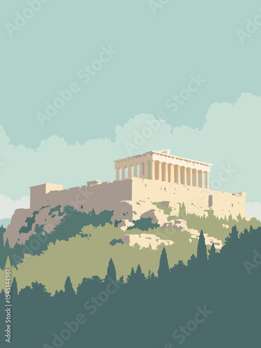 Athínai (Athens), Greece - Acropolis, Parthenon, Temple of Olympian Zeus in marble white, stone cream, ancient grey, and olive green