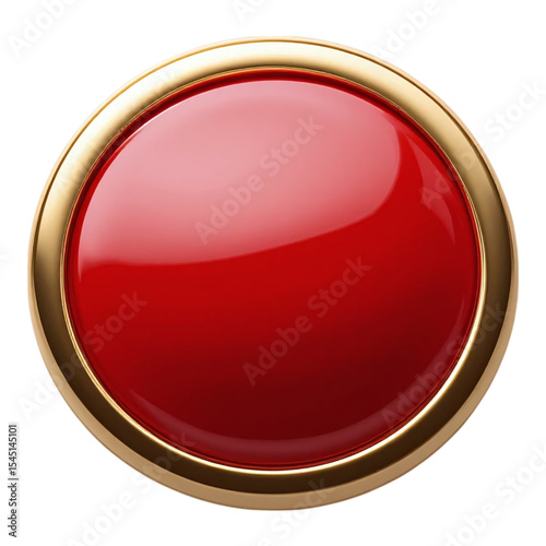 Red shiny button with gold circular border for interface or emergency design isolated on transparent background