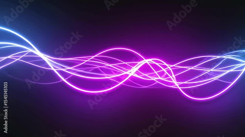 Glowing neon waves in blue and purple merge on a dark background, creating an abstract futuristic light show perfect for digital art