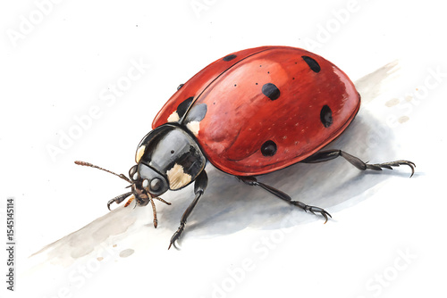 Close-up watercolor painting of a ladybug crawling on white background