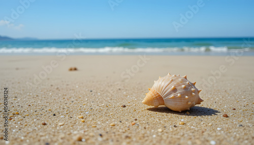 Title: Seashell on Sandy Beach with Ocean Waves in Background, Concept of Coastal Calm, Natural Beauty, and Beachside Minimalism