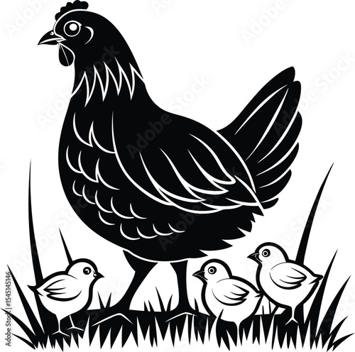 Hen With Chicks In Black And White With Grassy Background , Isolated On A Clean White Background