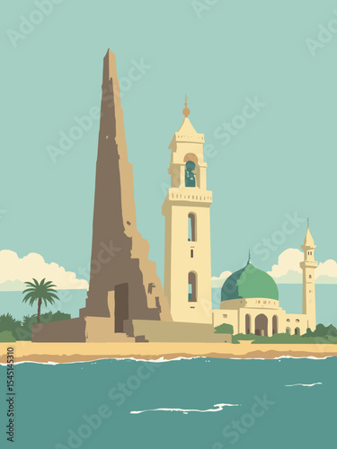 Dakar, Senegal - African Renaissance Monument, IFAN Museum, Dakar Grand Mosque in monument bronze, museum yellow, mosque green, and ocean teal