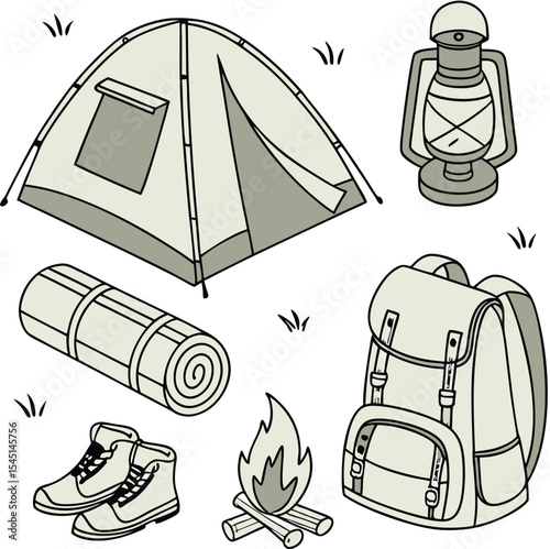 Camping gear illustration tent backpack lantern boots fire