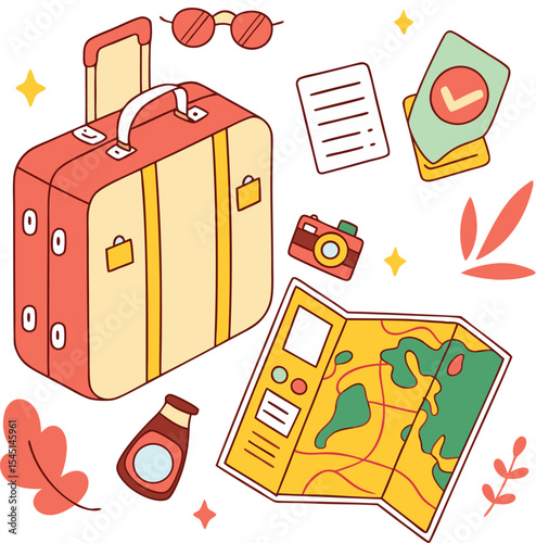 Travel essentials flat lay illustration
