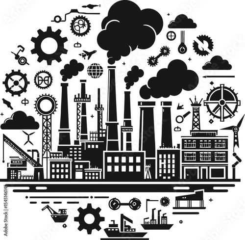Abstract vector illustration of a city skyline with industrial buildings and urban elements