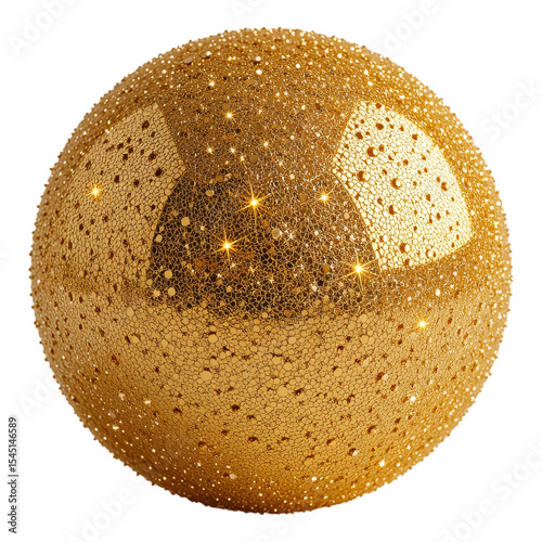 Shiny golden glitter ball with reflective sparkles for festive decor isolated on transparent background