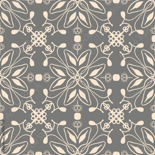 Delicate floral seamless vector pattern on gray background. Neutral flower decor element wallpaper. Ornament, traditional, ethnic, arabic, turkish, indian, motifs. Template for fabric and textile.