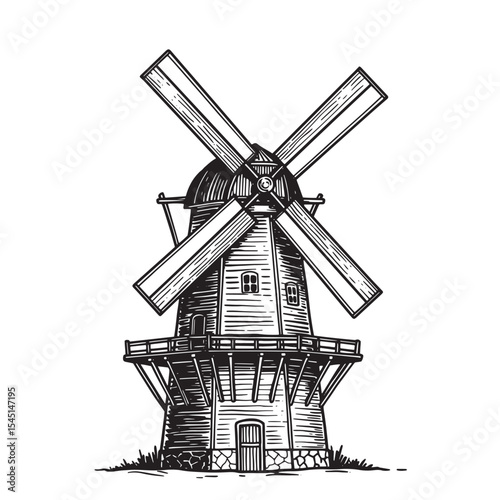 Vintage art silhouette of a traditional dutch windmill black and white design