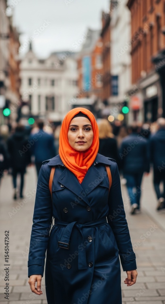 Fototapeta premium Confident adult female in orange hijab walking through busy city street