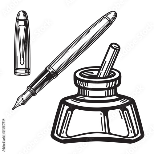 Vintage inkwell and fountain pen silhouette vector illustration with cap isolated on white background