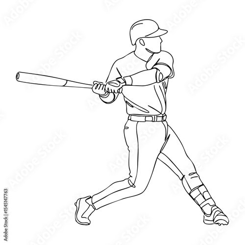 Vector line art of a baseball batter in mid-swing, showing full body motion and focus