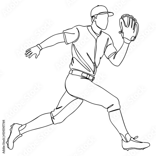 Vector line art of a baseball player in mid-run catching a ball with a glove, athletic action pose
