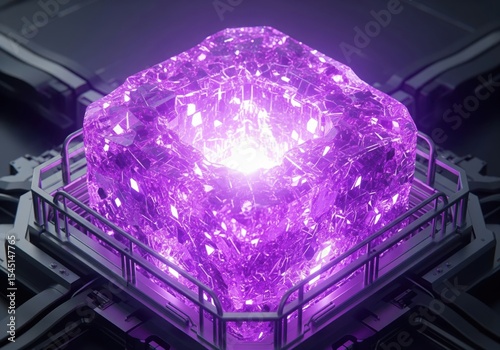 Radiant Amethyst Power Core. A vibrant purple crystalline structure glows with intense light within a complex advanced technological setup, symbolizing raw potency, innovation, and an enigmatic.