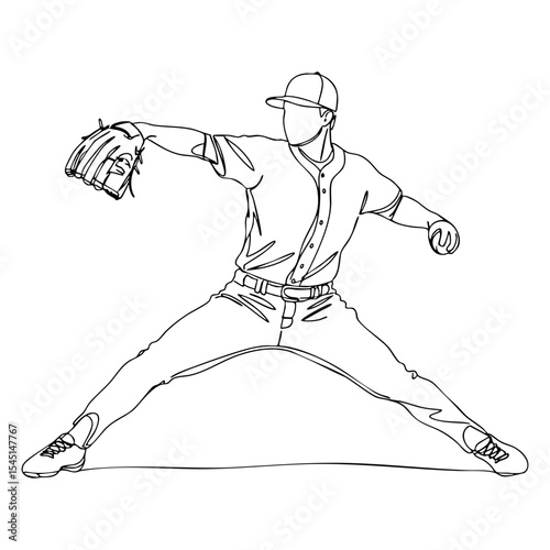 Vector line art of a baseball pitcher in wide throwing stance, delivering powerful pitch