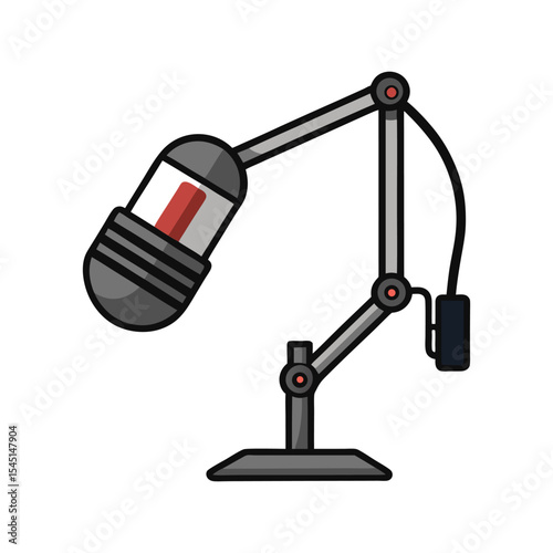 Gray and Black Studio Microphone on Adjustable Boom Arm Isolated White Background Recording Equipment Broadcast Podcast Illustration