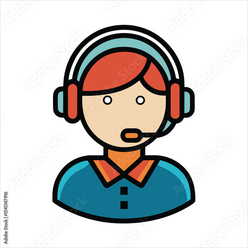 Black Outline Female Avatar Icon with Teal Shirt and Red-Teal Headset