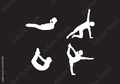 Slim sportive young woman & man doing yoga & fitness exercises. Healthy lifestyle. Exercise and fitness icons. Gym and Workout Set. Person Yoga exercises poses. Lunges, Pushups, Squats, Dumbbell rows,