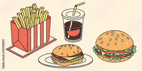 A cartoon vector set of fast food icons depicting hamburgers, pizza, and drinks for a meal menu illustration