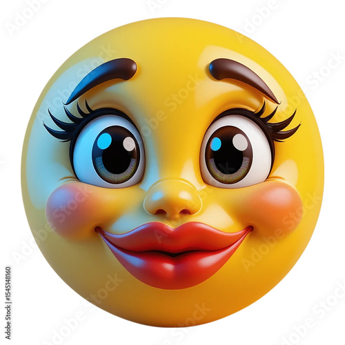 Yellow emoji with red lipstick eyeshadow and smiling expression showing makeup isolated on transparent background