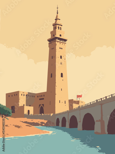 Bamako, Mali - BCEAO Tower, National Museum, King Fahd Bridge in tower gold, museum terracotta, bridge grey, and desert orange
