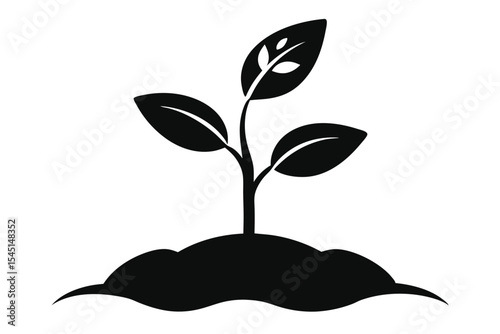 Black Silhouette of a Young Plant Sprouting From the Earth With Three Leaves